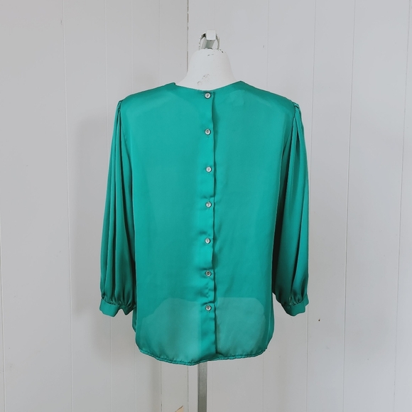 Vintage 70s Dressy Sheer Green Blouse Business Office Party Academia Preppy - Picture 6 of 13